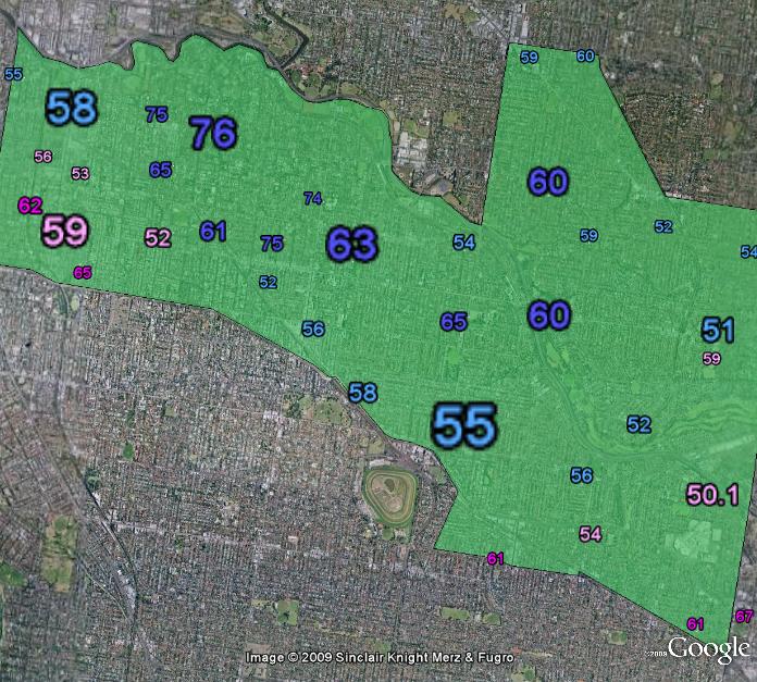 Two-party-preferred vote per booth, 2007 election. Labor booths in pink, Liberal booths in blue.