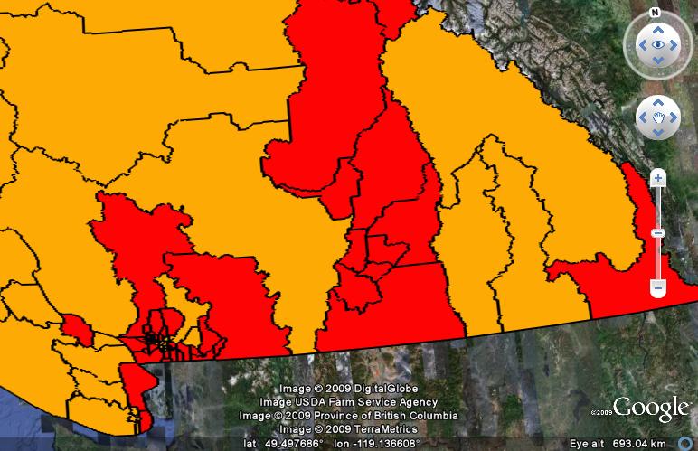 Southern BC, showing Vancouver City and Vancouver Island to the southwest