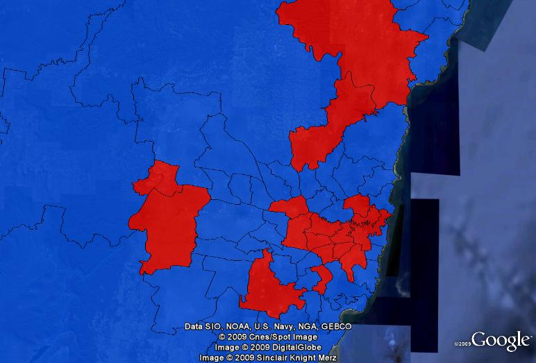 Gender of state MPs in Sydney. Red = women, blue = men.