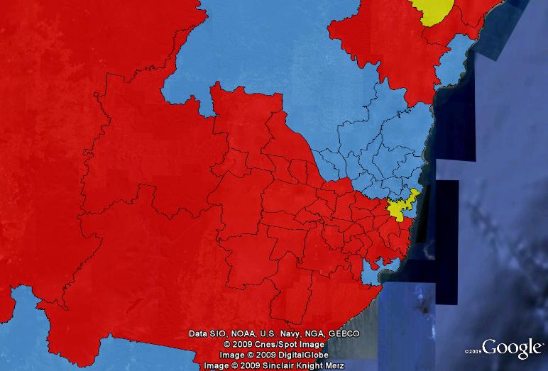 sydney-parties State electorates in Sydney, coloured by party