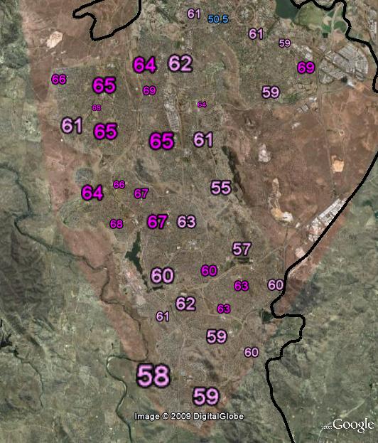 Polling booths in Canberra. Pink booths were won by the ALP, with those coloured more darkly being won by larger margins. South Canberra can be seen at the northern end, with Weston Creek in the west, Woden Valley in the middle of the map and Tuggeranong in the south-east