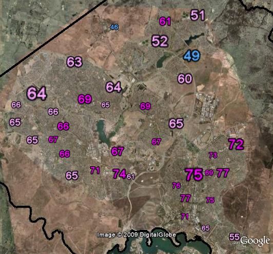 Polling booths in Fraser. Pink booths were won by the ALP, with those coloured more darkly being won by larger margins. Gungahlin can be seen at the northern end, with Belconnen in the west and North Canberra in the south-east