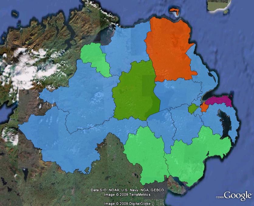 Results of the 1997 general election in Northern Ireland. Parties shown are the Ulster Unionist Party (blue), Social Democratic and Labour Party (light green), Democratic Unionist Party (orange), Sinn Fein (dark green) and the UK Unionist Party (purple)