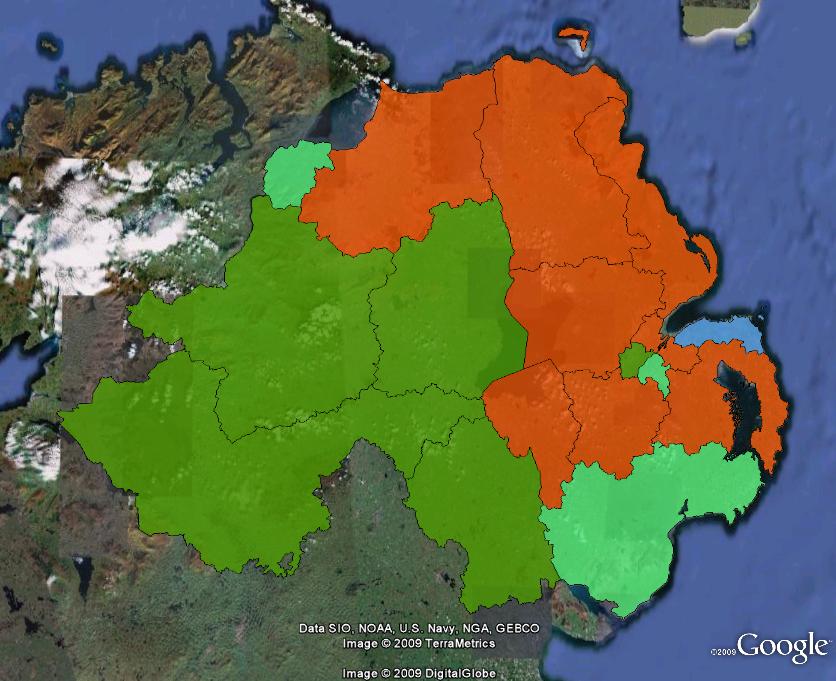 Results of the 1997 general election in Northern Ireland. Parties shown are the Democratic Unionist Party (orange), Sinn Fein (dark green), Social Democratic and Labour Party (light green) and the Ulster Unionist Party (blue)