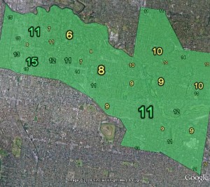 Primary vote for the Greens, 2007 election, by booth. Below-median booths are coloured yellow.