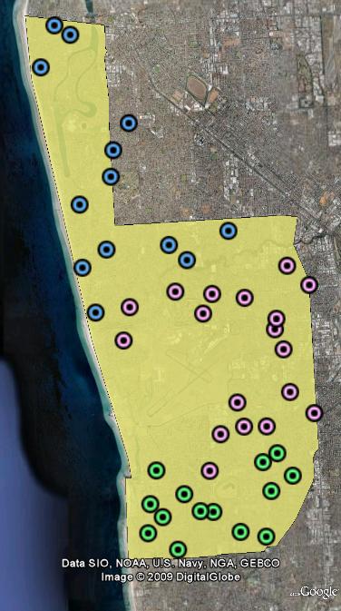 Booths in Charles Sturt LGA shown in blue, booths in West Torrens shown in pink and booths in Marion and Holdfast Bay shown in green.