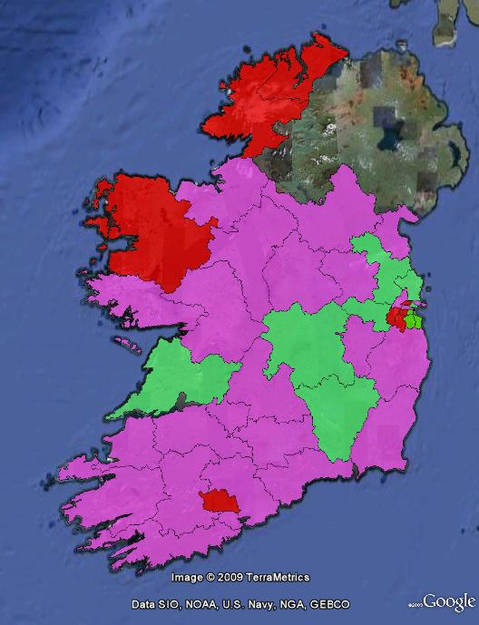 lisbon1 2008 referendum results. Green indicates a Yes vote, Pink/Red indicates a No vote of varying levels of intensity. Pink areas voted No by less than 60%, Red areas more than 60%.