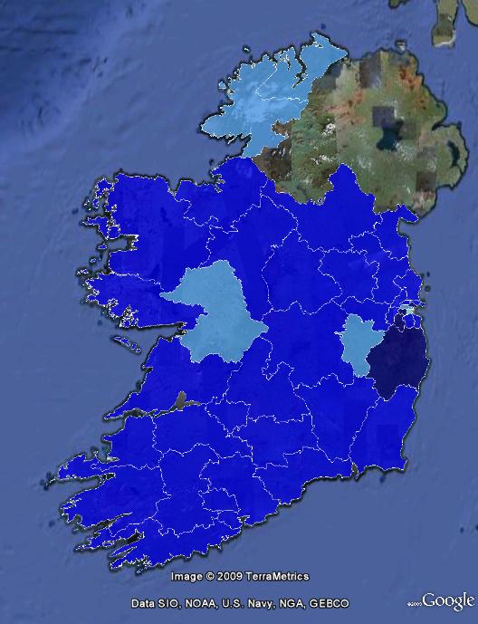 lisbon3 2008 referendum turnout levels. Light blue indicates under 50% turnout, darker shades indicate higher turnout.