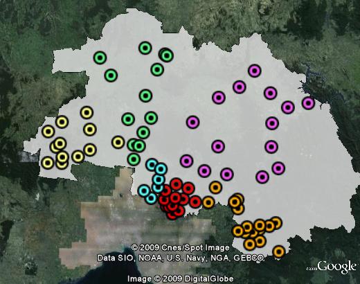 Polling booths in McEwen. Macedon Ranges in yellow, Mitchell in green, Murrindinidi in purple, Nillumbik in red, Whittlesea in blue and Yarra Ranges in orange.