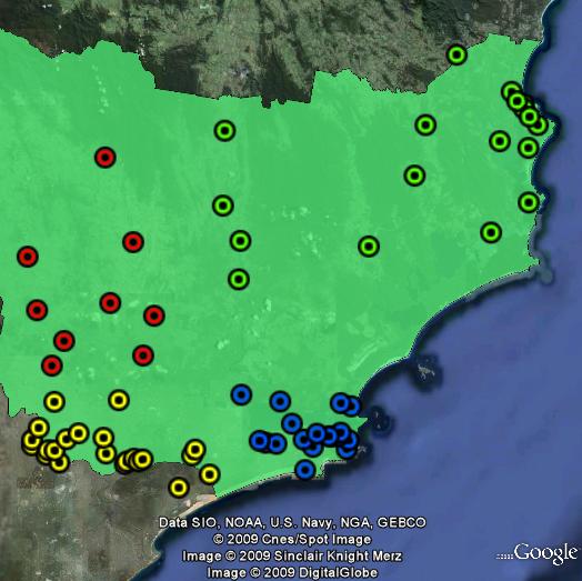 Booths in Paterson. South-west shown in yellow, Port Stephens in blue, Great Lakes in green and Dungog in red.