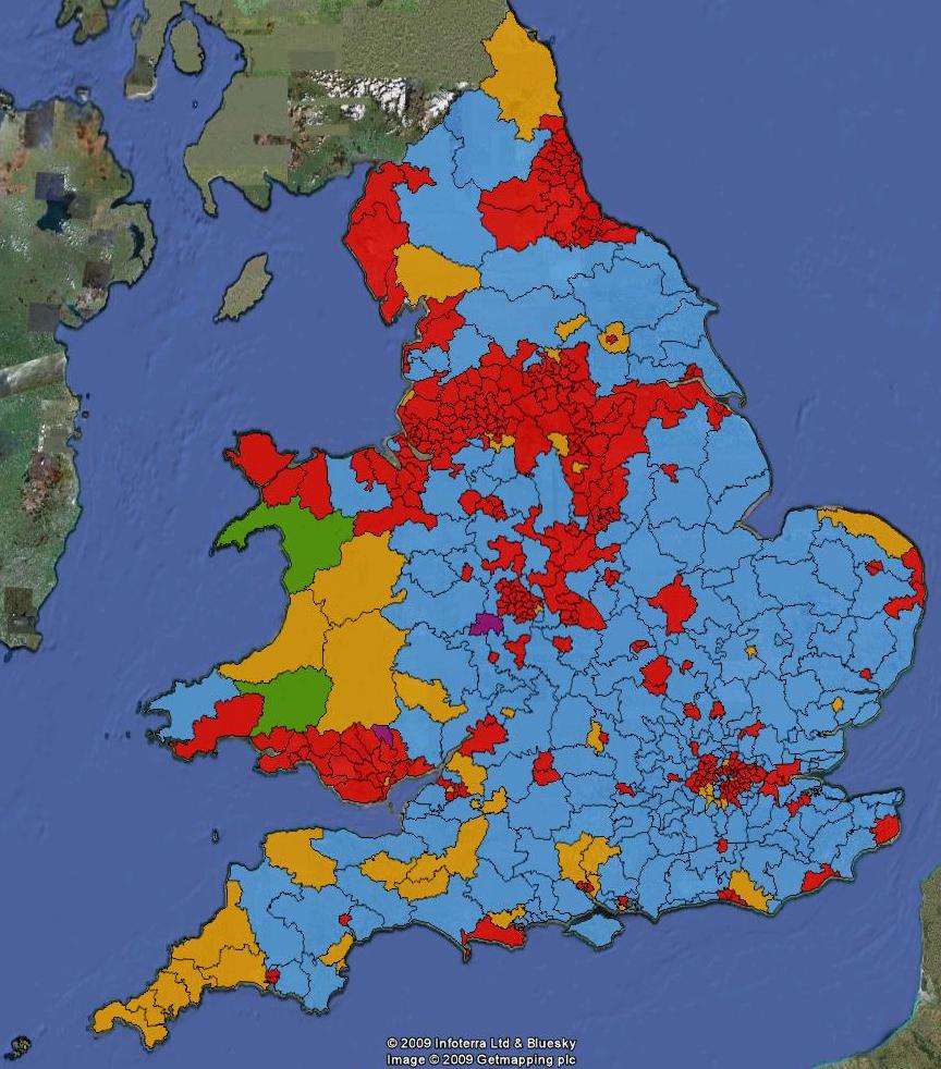 New Westminster constituency boundaries for England and Wales, showing notional votes based on the 2005 general election.