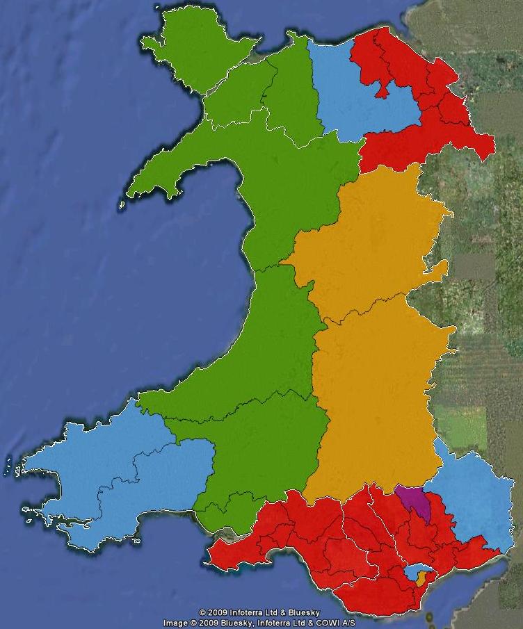 Welsh Assembly constituencies and regions, showing 2007 election results.