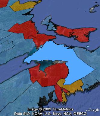 canadaby4 Cumberland—Colchester—Musquodoboit Valley, surrounded by Nova Scotia (with Halifax to the south of the map), New Brunswick and Prince Edward Island.