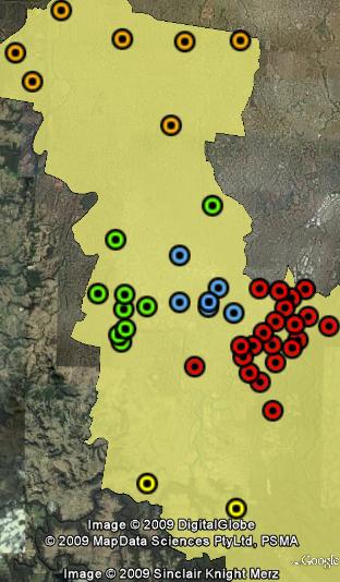 Polling booths in Macarthur. Campbelltown booths in red, new Camden booths in blue, old Camden booths in green, southern Wollondilly booths in yellow and northern Macarthur booths in orange.