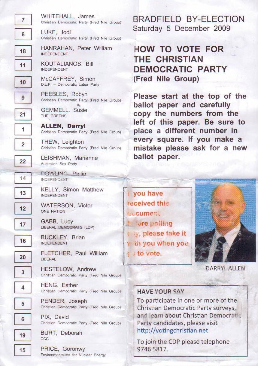 CDP HTV Darryl Allen's how-to-vote for Bradfield by-election.