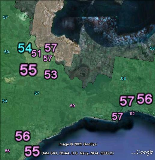 Polling booths in Corangamite, showing Torquay (bottom of map), Ocean Grove, (right-hand side of map) and Geelong (top of map).