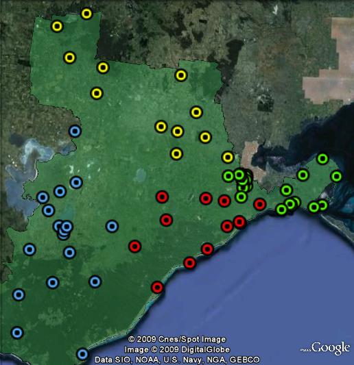 Polling booths in Corangamite. Greater Geelong in green, Surf Coast in red, Golden Plains in yellow, Colac Otway in blue.