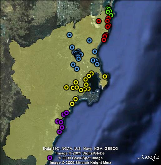 Polling booths in Gilmore. Shellharbour in green, Kiama in red, Nowra in blue, Jervis Bay in yellow and Ulladulla in purple.