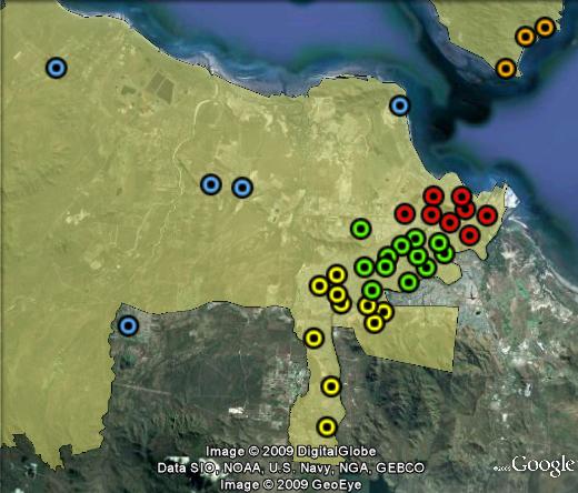 Polling booths in Herbert. "Townsville" in red, "Mundingburra" in green, "Thuringowa" in yellow, "Rural" in blue, "Islands" in orange. Palm Island not shownn.