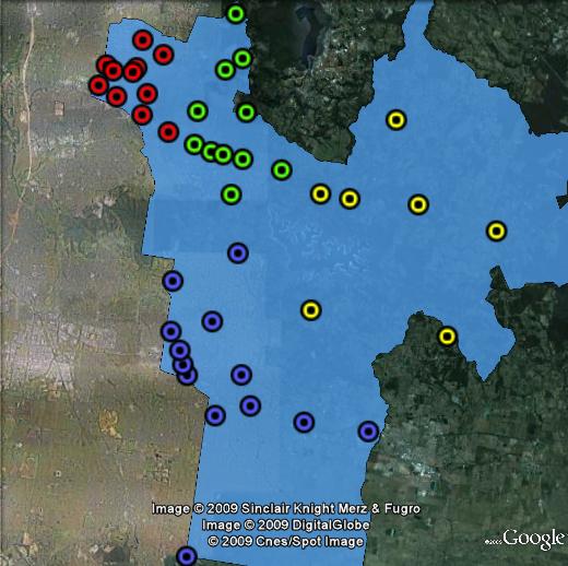 Polling booths in La Trobe. South in blue, Dandenongs in yellow, Belgrave in green and Boronia in red.