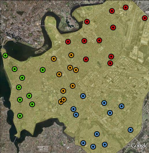 Polling booths in Swan. South Perth in green, Victoria Park in orange, Canning in blue and Belmont in red.