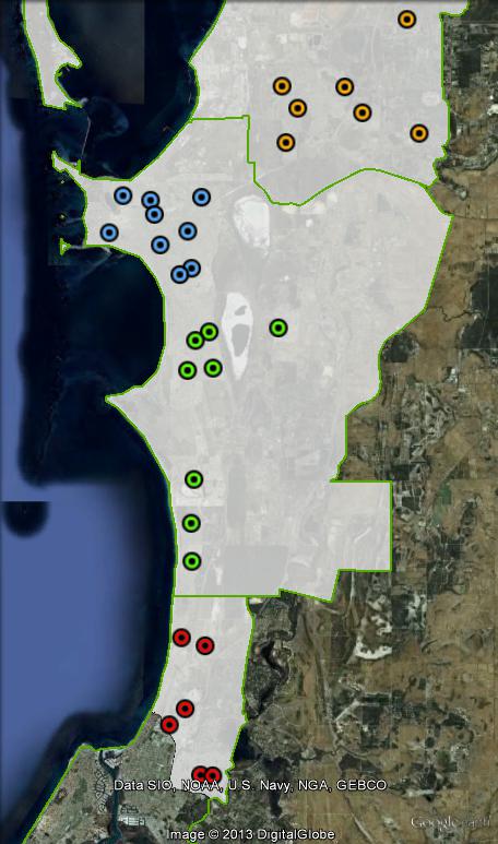 Polling booths in Brand at the 2010 federal election. Kwinana in orange, Rockingham in blue, Warnbro in green, Mandurah in red. Click to enlarge.