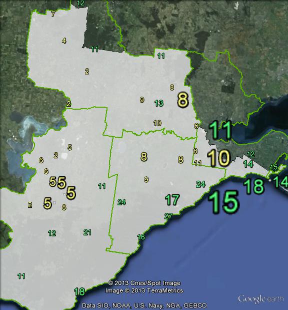 Greens primary votes in Corangamite at the 2010 federal election.