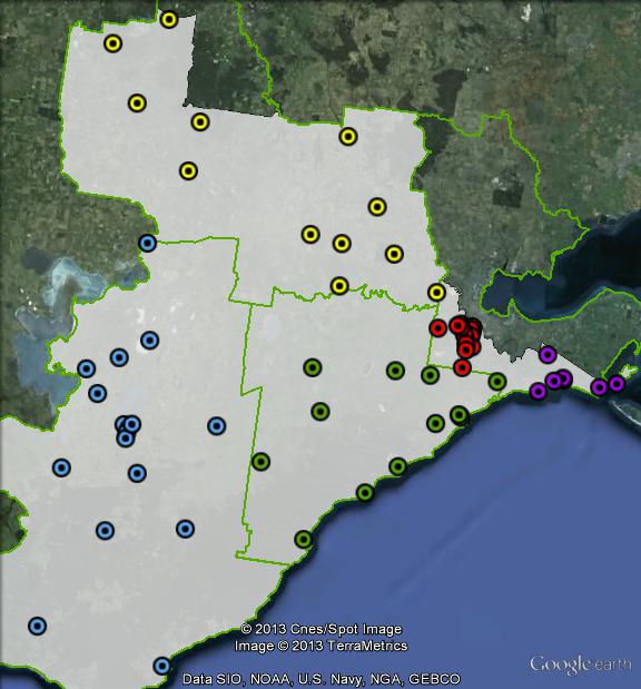Polling booths in Corangamite at the 2010 federal election. Geelong in red, Golden Plains in yellow, Surf Coast in green, Colac Otway in blue, Ocean Grove in purple. Click to enlarge.