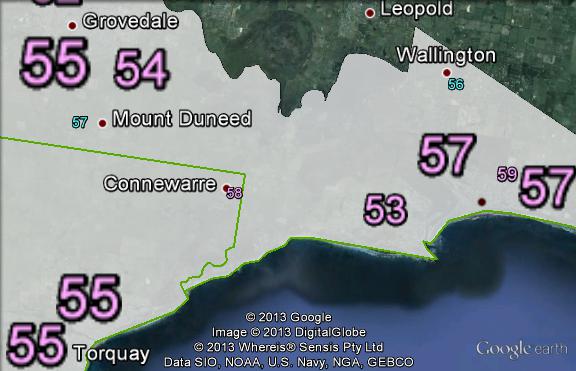 Two-party-preferred votes in southeastern parts of Corangamite at the 2010 federal election.