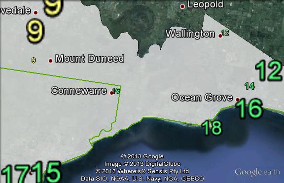 Greens primary votes in southeastern parts of Corangamite at the 2010 federal election.