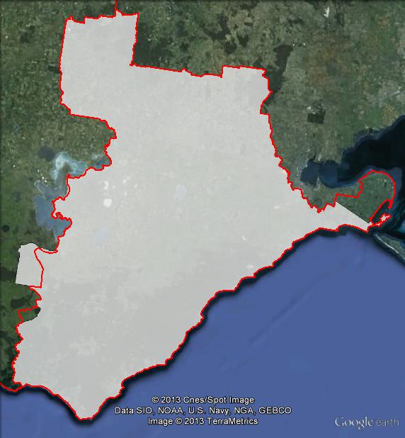 Map of Corangamite's 2010 and 2013 boundaries. 2010 boundaries appear as red line, 2013 boundaries appear as white area. Click to enlarge.