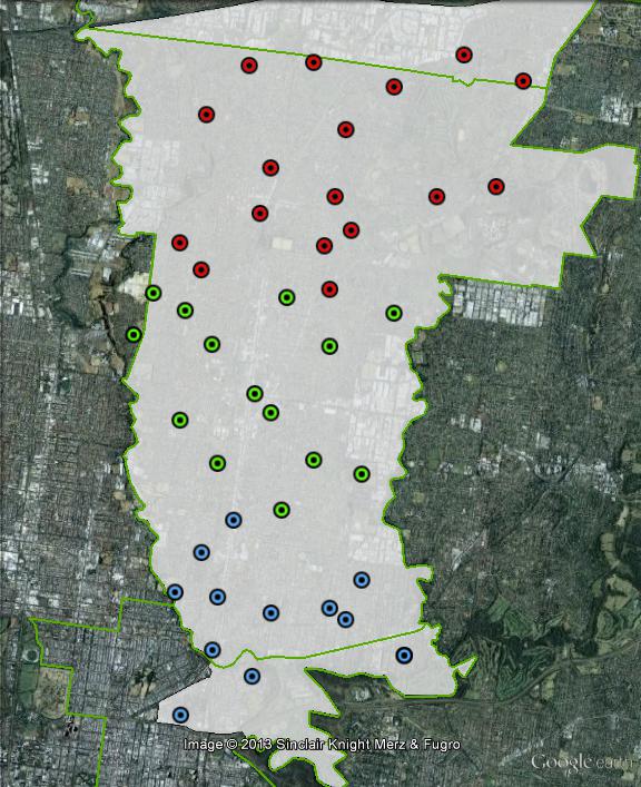 Polling places in Batman at the 2010 federal election. Central in green, North in red, South in blue. Click to enlarge.