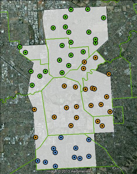 Polling places in Adelaide at the 2010 federal election. Central in orange, North in green, South in blue. Click to enlarge.