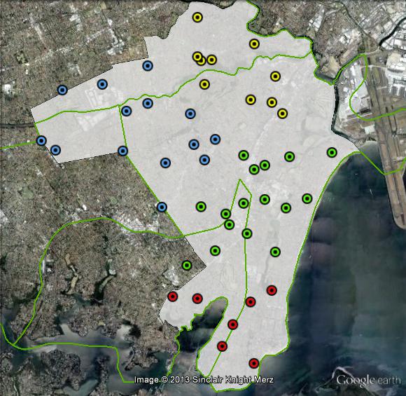 Polling places in Barton at the 2010 federal election. Central in green, North East in yellow, North West in blue, West in red. Click to enlarge.