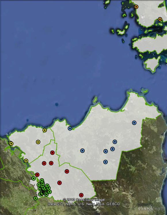 Polling places in Bass at the 2010 federal election. Dorset in blue, Flinders Island in orange, George Town in yellow, Launceston Rural in red, Launceston Urban in green. Click to enlarge.