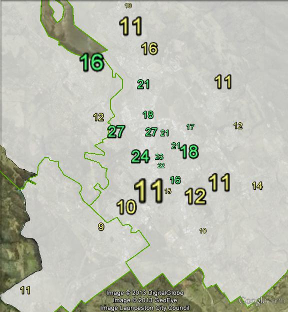 Greens primary votes in Launceston at the 2010 federal election.