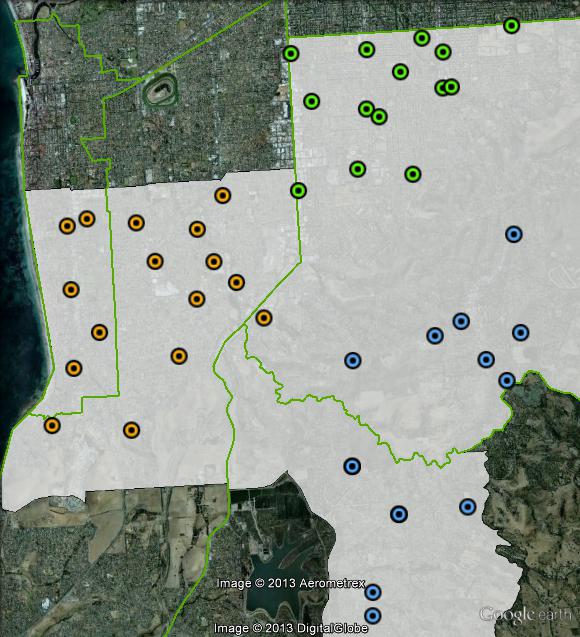 Polling places in Boothby at the 2010 federal election. North-East in green, South-East in blue, West in orange. Click to enlarge.
