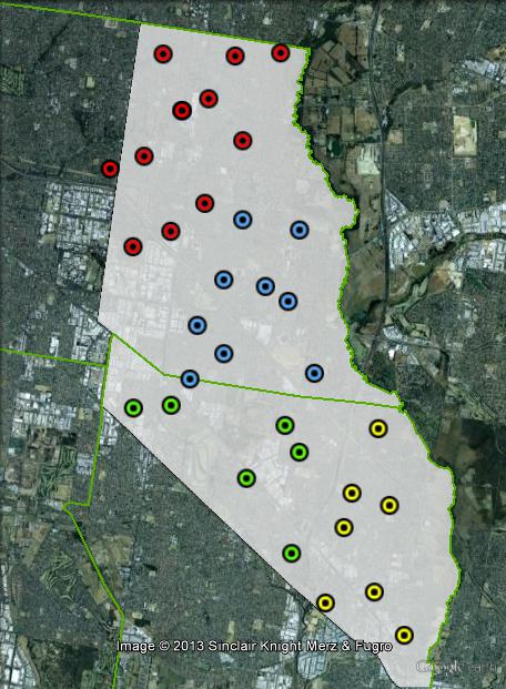 Polling places in Bruce at the 2010 federal election. Dandenong in yellow, Glen Waverley in red, Mulgrave-Wheelers Hill in blue, Springvale-Noble Park in green. Click to enlarge.