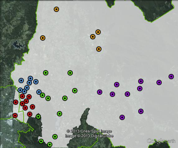 Polling places in Casey at the 2010 federal election. Central in green, East in purple, North in orange, South-West in red, West in blue. Click to enlarge.