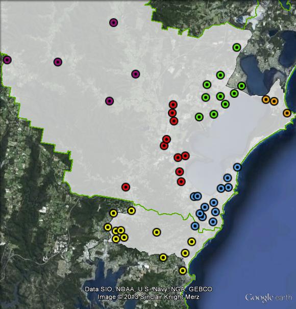 Polling places at Dobell at the 2010 federal election. East in blue, Gosford in yellow, North in green, Toukley in orange, West in purple, Wyong in red. Click to enlarge.