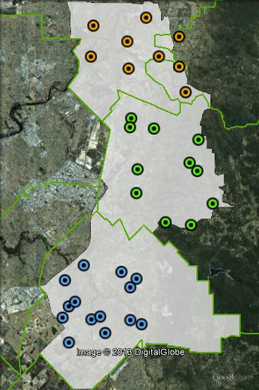 Polling places in Hasluck at the 2010 federal election. Central in green, North in orange, South in blue. Click to enlarge.
