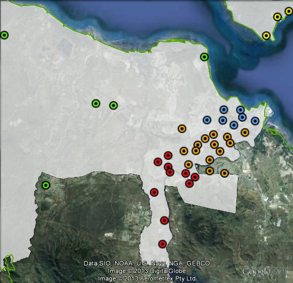 Polling places in Herbert at the 2010 federal election. Islands in green, Mundingburra in orange, Rural in green, Thuringowa-Douglas in red, Townsville in blue. Click to enlarge.