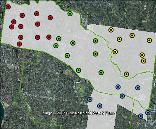 Polling places in Higgins at the 2010 federal election. Central in green, North-east in yellow, South-east in blue, West in red. Click to enlarge.
