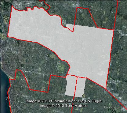Map of Higgins' 2010 and 2013 boundaries. 2010 boundaries appear as red line, 2013 boundaries appear as white area. Click to enlarge.