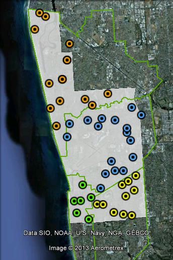 Polling places in Hindmarsh at the 2010 federal election. Charles Sturt in orange, Holdfast Bay in green, Marion in yellow, West Torrens in blue. Click to enlarge.