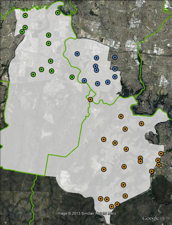Pollign places in hughes at the 2010 federal election. Bankstown in blue, Liverpool in green, Sutherland in orange. Click to enlarge.