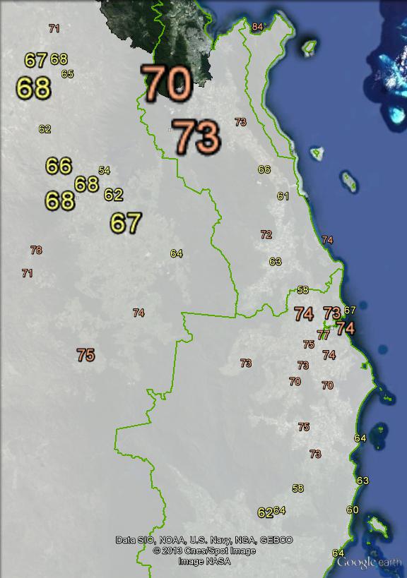 Two-candidate-preferred votes in the north-east of Kennedy at the 2010 federal election.