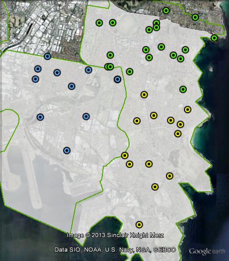 Polling booths in Kingsford Smith at the 2010 federal election. Botany in blue, Coogee in green, Maroubra in yellow. Click to enlarge.