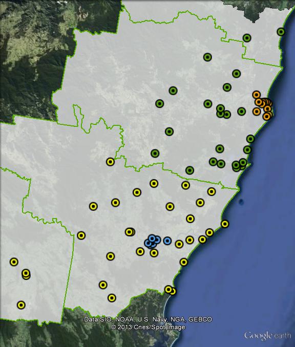 Polling places in Lyne at the 2010 federal election. North in green, Port Macquarie in orange, South in yellow, Taree in blue. Click to enlarge.