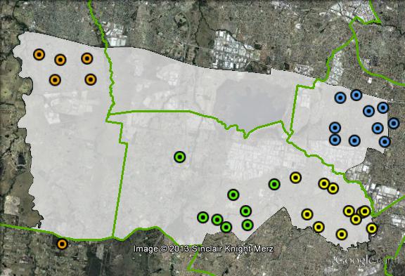 Polling places in McMahon at the 2010 federal election. Bossley Park in green, Fairfield-Smithfield in yellow, Greystanes in blue, Penrith in orange. Click to enlarge.